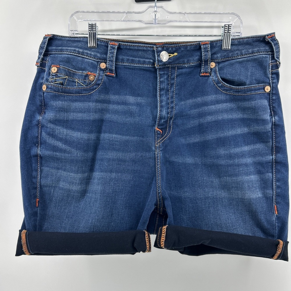 True Religion Jennie Denim Shorts Rolled Women's 40 Plus DarkWash Handmade Curvy